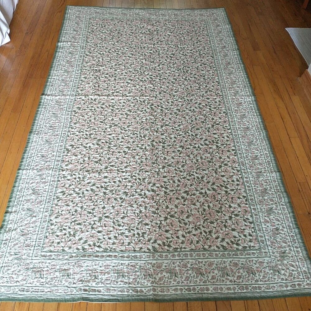 Veronica Beard Tablecloth Green Pink Floral Kantha Cotton Cottagecore Rectangle